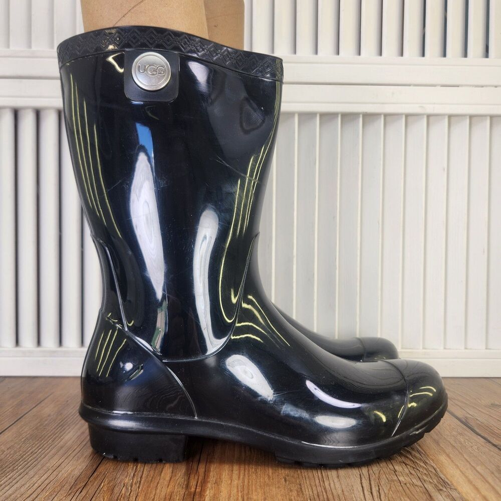 UGG Sienna Womens Sz 7 Black Glossy Rubber Boots Garden Outdoors Designer Modern